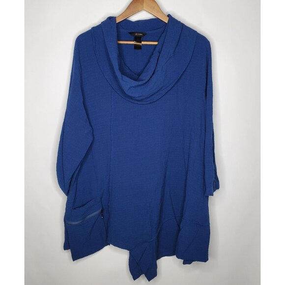 Ali Miles Womens Blue Crinkle Tunic Top Size 2X Cowl Neck Pockets Lagenlook - Picture 1 of 13